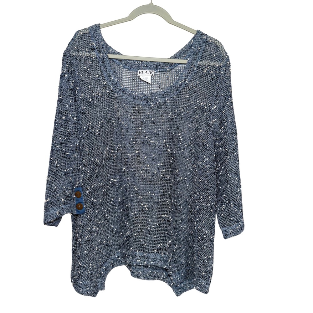 Blair Knit Top Womens XL Blue Confetti Net Mesh 3/4 Sleeve Sharkbite Hem Casual